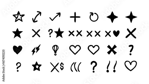 Playful Hand Drawn Icons Stars Hearts Checkmarks Questions and Symbols icon set