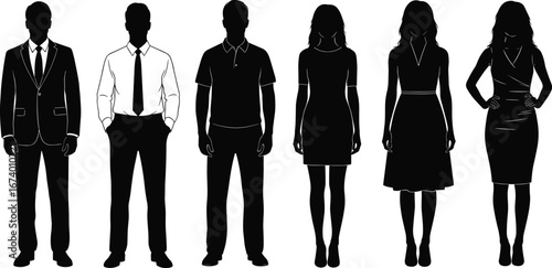 Vector silhouettes of men and women in formal, semi‑formal, and casual outfits, fashion attire set for design and presentation
