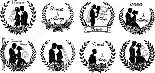 Wedding couple silhouettes with laurel wreath, romantic poses, roses and banners vector illustration for love, marriage, anniversary and celebration themes