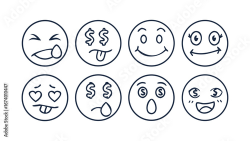 Expressive doodle emoji icons with various emotions outline