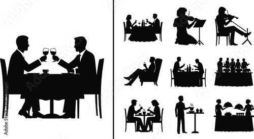 Silhouettes of people dining, live music, social gatherings, waiter service, romantic meals, group celebrations, restaurant atmosphere vector illustration for events