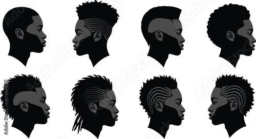 Silhouettes of diverse hairstyles in profile view, braids, dreadlocks, fades, shaved designs, natural curls, creative Black hair culture vector illustration