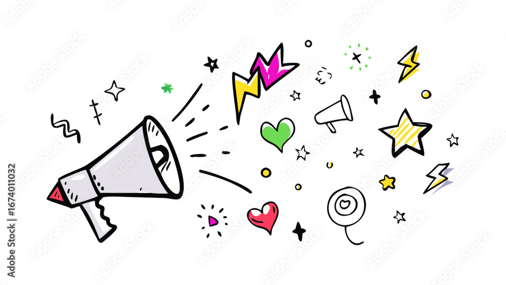 Obraz premium Doodle style megaphone with colorful bursts and hearts illustration hand drawn