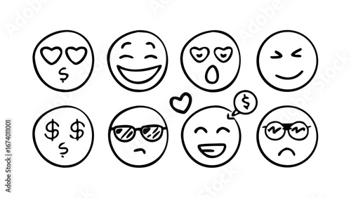 Hand drawn smiley faces with different expressions happy surprised