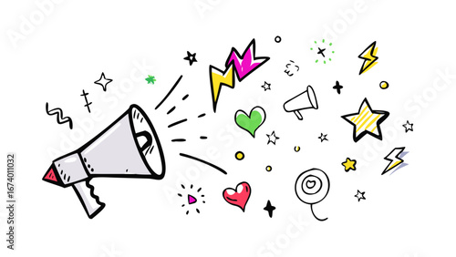 Doodle style megaphone with colorful bursts and hearts illustration hand drawn