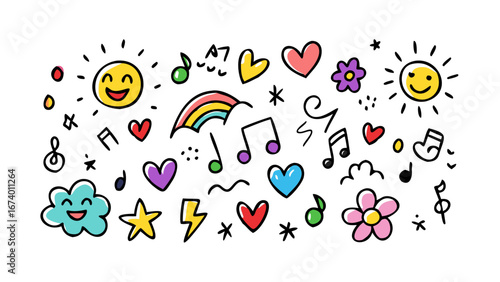Happy doodles with hearts and flowers icons smiling