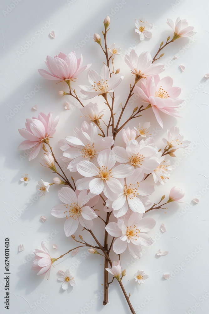 Fototapeta premium Delicate pink cherry blossoms arranged beautifully on a light surface, showcasing nature's elegance and beauty.