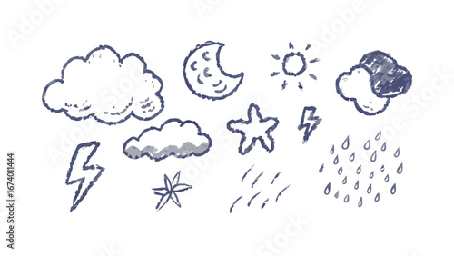 Hand drawn weather icons clouds moon sun stars lightning rain vector