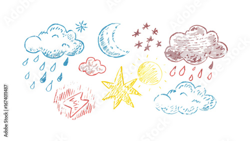 Hand drawn weather icons with textured effect clouds moon