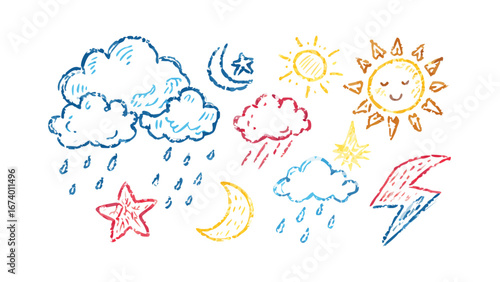 Hand drawn textured weather icons with clouds sun moon star lightning vector