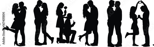Silhouette vector of romantic couples in affectionate poses, kissing, proposing, embracing, and forming heart shapes for love, wedding, and relationship concepts