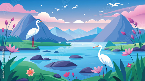 Birds soar above a calm mountain lake, framed by towering peaks and vibrant foliage in a peaceful natural setting..eps