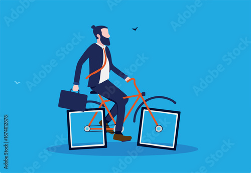 Slow business - Stupid businessman riding bike with rectangular wheels. Inefficient business and humor concept. Vector illustration.