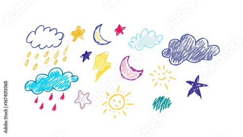 Hand drawn weather elements crayon style drawing children