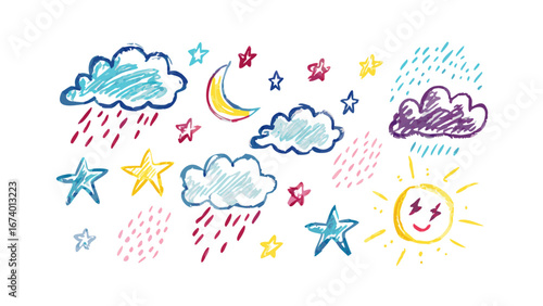 Hand drawn weather elements crayon style moon stars