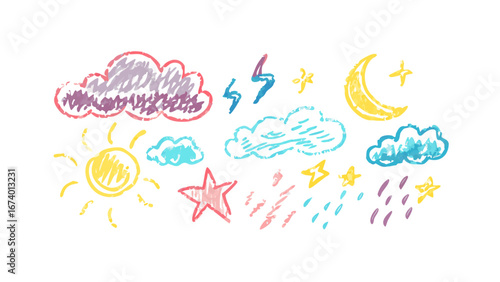 Hand drawn crayon weather elements sun moon clouds lightning rain stars vector