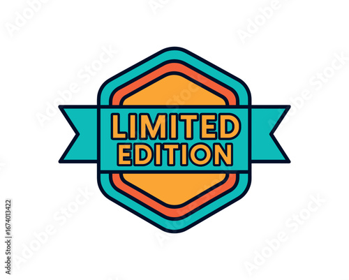 Retro pop art style vector badge design bold flat colors trendy 80s 90s palette clean outline. Text LIMITED EDITION inside ribbon badge isolated on white