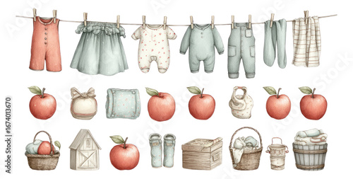 Vintage Baby Clothes and Apples on a Transparent Background