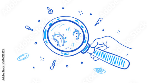 Hand holding magnifying glass examining bacteria science research