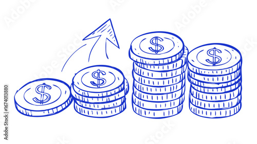 Blue doodle style stacks of coins with upward arrow money