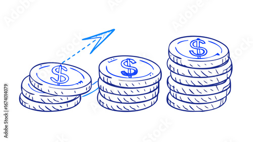 Blue dollar coin stacks with upward trending arrow money finance