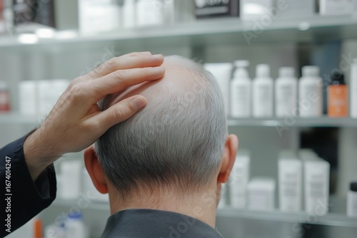 A senior man gets a scalp treatment from a stylist in a contemporary salon filled with products