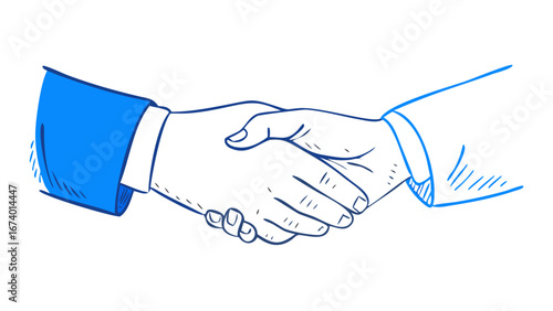 Two hands shaking in agreement blue outline handshake business