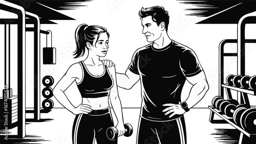 Fitness Motivation: Personal Trainer Guiding Client in Gym