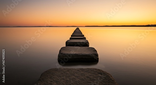 Fototapeta Naklejka Na Ścianę i Meble -  Stepping stones across calm lake at sunset