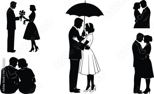 Romantic couple silhouettes in various affectionate poses with flowers, umbrella, kissing and embracing, perfect for love, wedding and Valentine themes