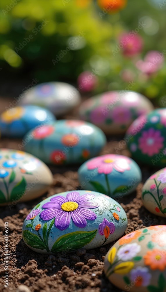 Fototapeta premium Collection of smooth, hand-painted stones decorated with vibrant floral patterns. Artful rocks arranged in garden setting, adding cheerful, natural beauty, detail to landscape. Stone features unique,