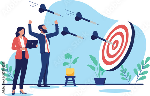 Business target and goal - Businesspeople with darts hitting bullseye in marketing strategy accuracy achievement. Goal aiming concept in flat design vector illustration with white background