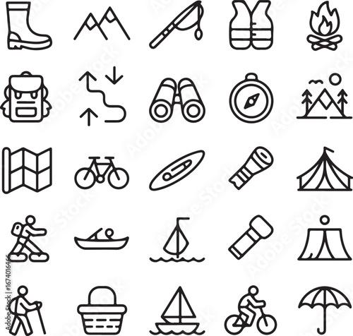 Outdoor adventure and camping icons set hiking backpacking kayaking fishing camping and more transparent background