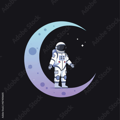 Astronaut Standing on Crescent Moon with Stars in Space Cartoon Style