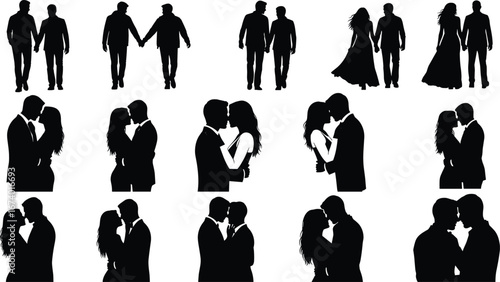 Romantic couple silhouette vector set with diverse gender pairings walking, holding hands, embracing, and kissing in affectionate poses for love themes