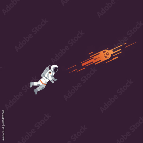 Cartoon Astronaut Floating Near a Fiery Meteor in Deep Space