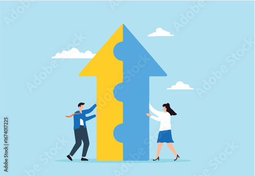 Two businesspeople connecting arrow puzzle pieces illustrating merger and acquisitions, partnership, or collaborative efforts. Concept of working together towards success, finding solutions for growth