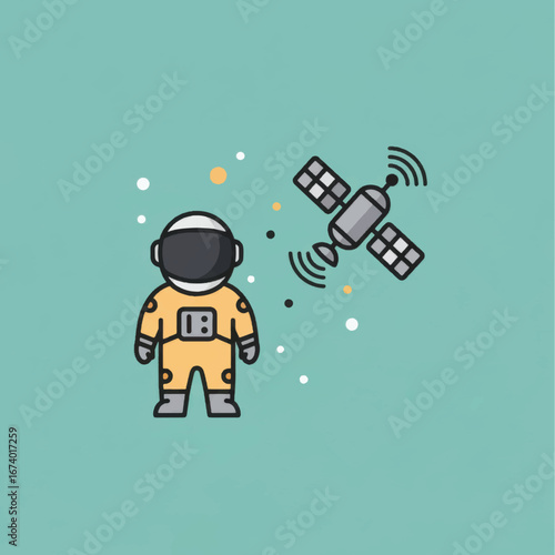 Cartoon astronaut in yellow suit with satellite and cosmic dots