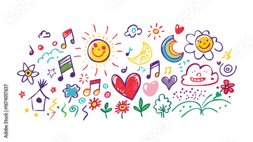 Cheerful doodle art with sun moon and music notes illustration colorful