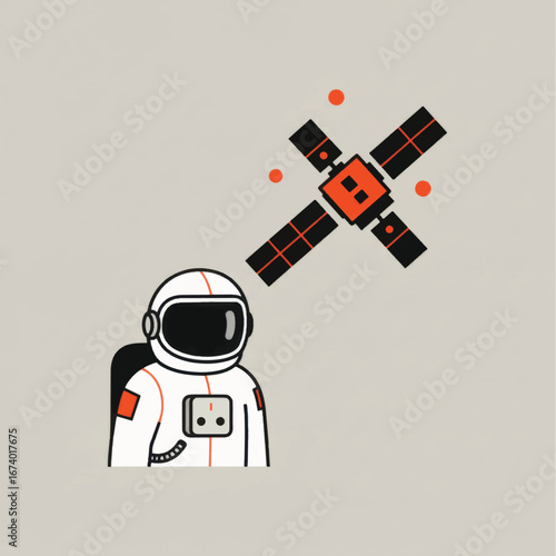 Illustrated Astronaut Gazing at a Geometric Satellite with Red Accents