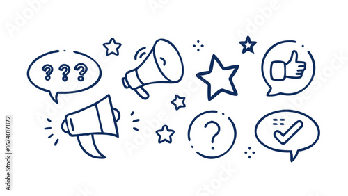 Communication and feedback icons with stars speech bubbles question marks