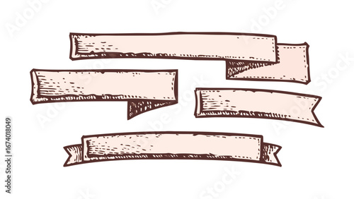 Hand drawn vintage ribbon banners with textured fill retro