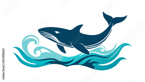 Stylized blue whale breaching through turquoise waves ocean water