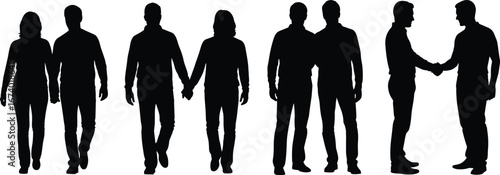 Couple silhouettes walking, holding hands, standing together, shaking hands, various interactions and relationships vector illustration for companionship, greeting, and affection themes