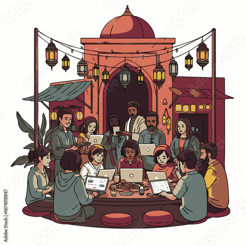 A diverse group of young professionals collaborates on laptops in a vibrant, lantern-lit outdoor cafe with unique architectural elements, fostering innovation.