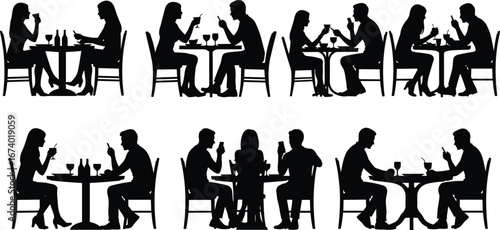 Couples sitting at tables in various poses, talking, drinking wine, using phones, romantic date and social interaction vector illustration