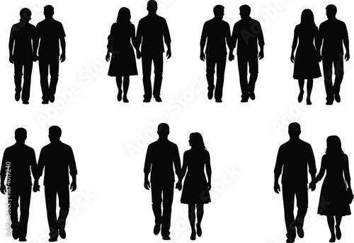 Couple silhouettes walking side by side in various poses, male and female pairs, companionship and social interaction vector illustration design