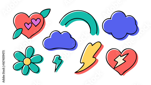 Playful doodle icons hearts clouds flower lightning bolts rainbow