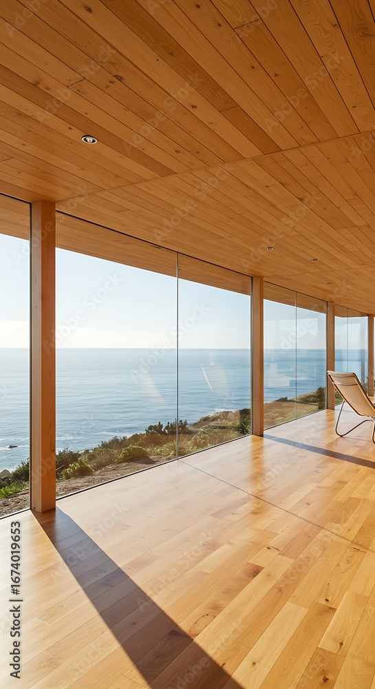 Fototapeta premium Oceanfront Sanctuary: Wood, Glass, and Light