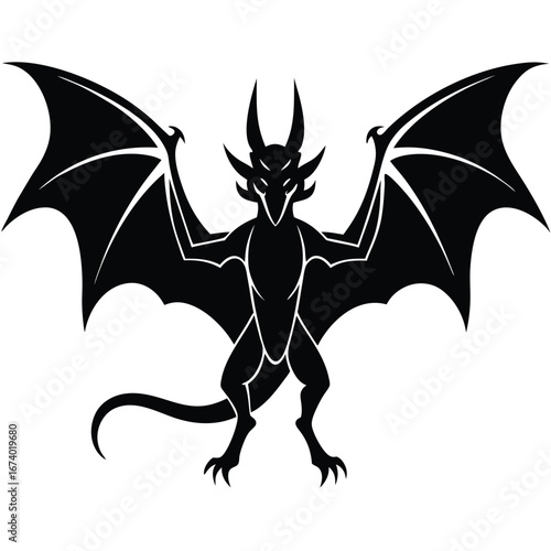 Black silhouette of a dragon with spread wings white background 1